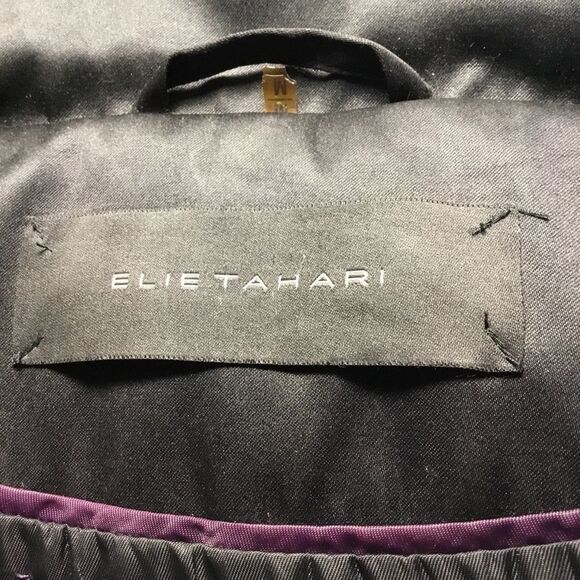 Ellie Tahari black shiny coat oversized collar belt polyester/down/feather sz M - Picture 7 of 10